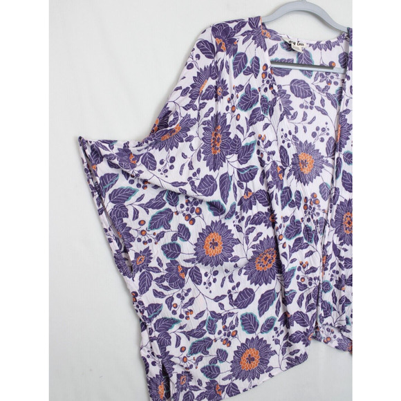 Gypsy Love Open Cardigan Kimono Beach Cover Up Tunic OS White Purple Floral - Picture 5 of 8